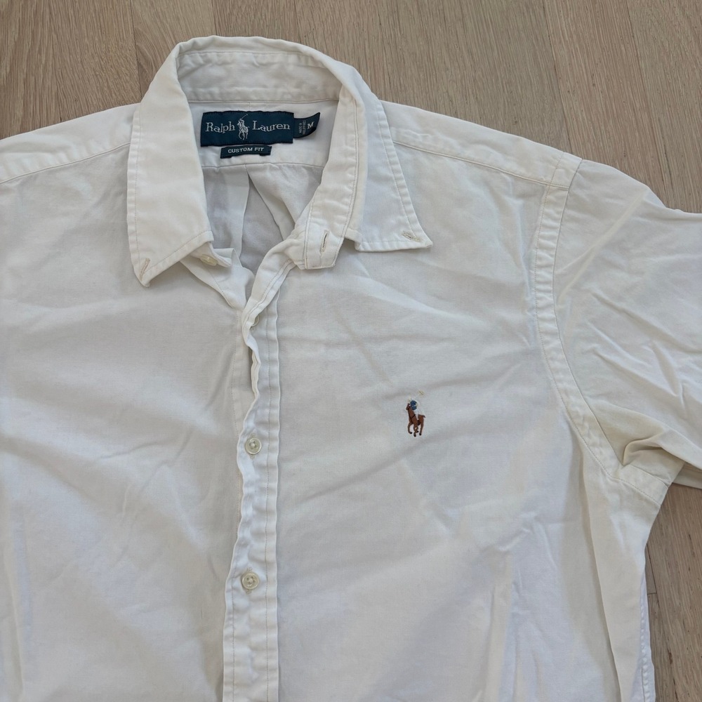 Ralph Lauren Button Down Shirt Mens M White EXCELLENT Custom Fit Short Sleeve